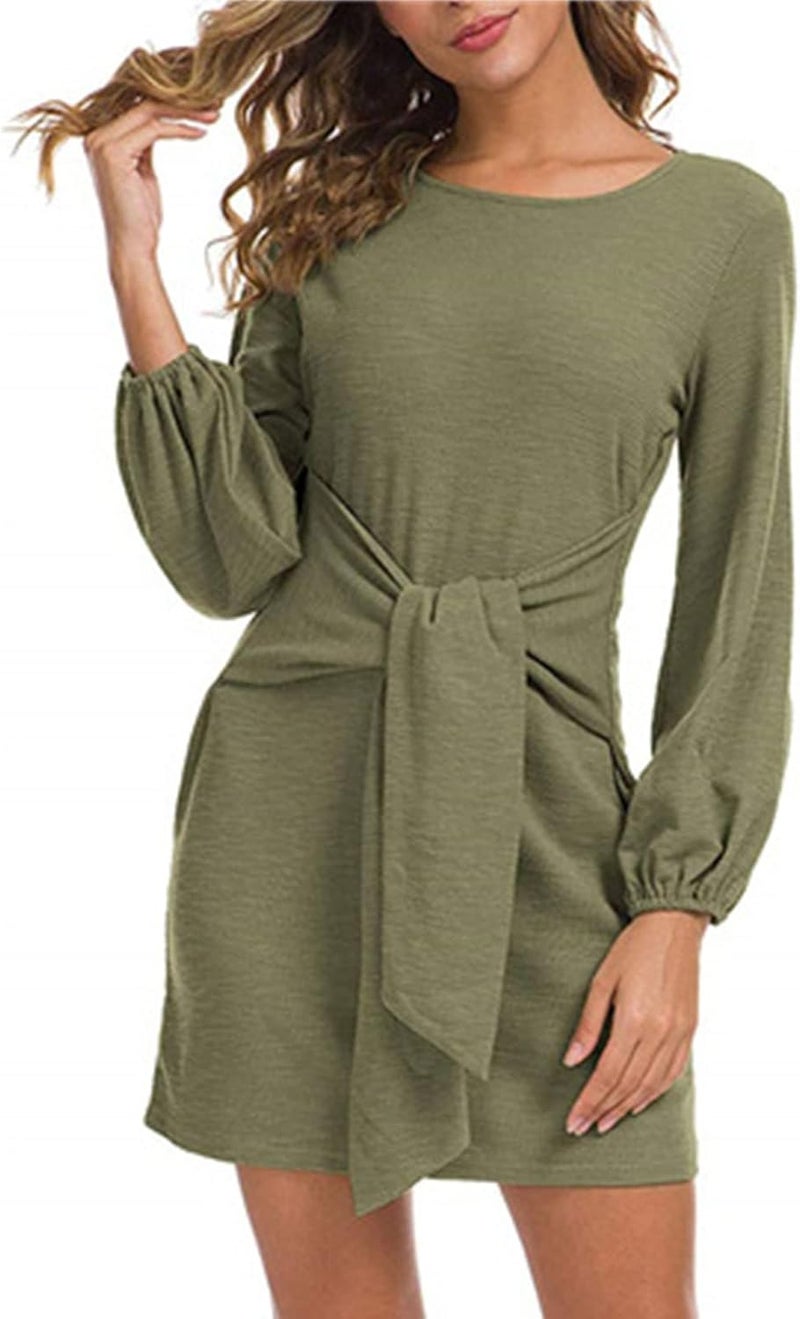 woobles Cocktail Dress, Tie Waist Stretchy Pure Color Long Lantern Sleeve Short Dress Crewneck Polyester for Dating M - Image 1